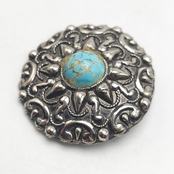 Vintage Silver Tone Medallion Brooch With Faux Turquoise Glass Cabochon - Picture 2 of 4